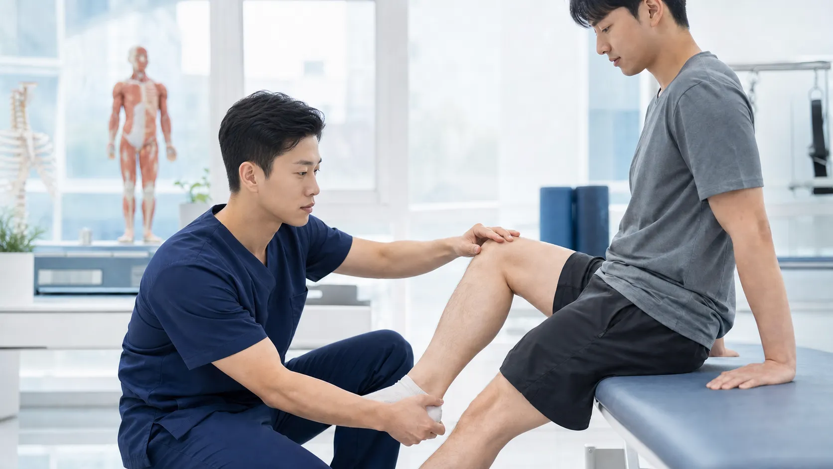 스포츠 부상의 원인을 살피기 위해 무릎과 발목 움직임을 평가하는 의료진